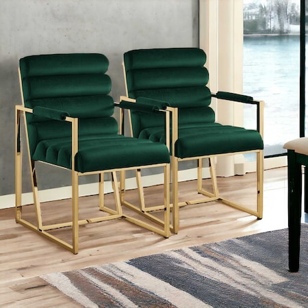 Homeroots Set of Two Tufted Hunter Green And Gold Upholstered Velvet Dining Arm Chairs 545056