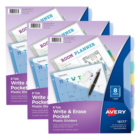 Avery Write & Erase Pocket Plastic Dividers, 8-Tab Set, Multicolor, 24PK 16177