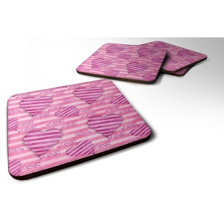 Carolines Treasures Watercolor Hot Pink Striped Hearts Foam Coaster, Set of 4 BB7566FC