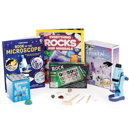 Amscope Kid's Natural Gemstone Discoverer Set featuring 60X-120X Portable LED Handheld Microscope, Ultimate KVB-GEM-612-DIS