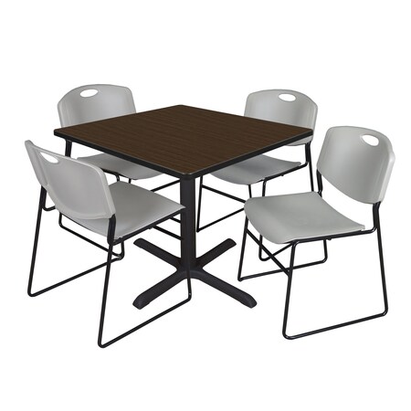 Regency Square Cain Breakroom Table W/ 4 Zeng Stack Chairs, 42 in W, 42 in L, Neo Walnut TB4242NW44GY