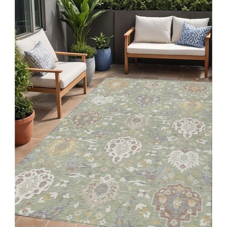 Homeroots 5' X 8' Artichoke Green Brown And Ivory Damask Washable Indoor Outdoor Area Rug 599389