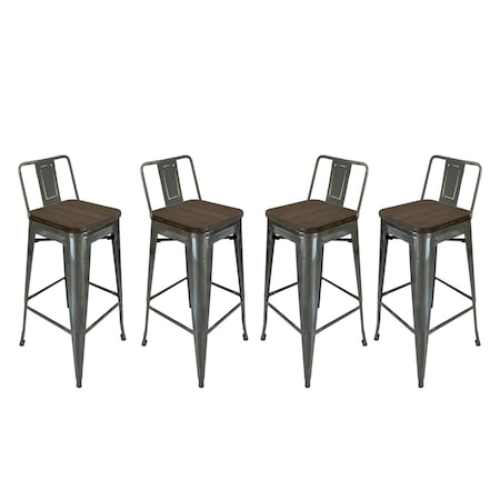 Homeroots Set of Four 30" Brown and Gray Solid Wood and Metal Low Back Bar Height Bar Chairs, 4PK 555107
