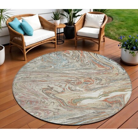 Homeroots 8' Beige Pink And Blue Round Abstract Washable Indoor Outdoor Area Rug 602613