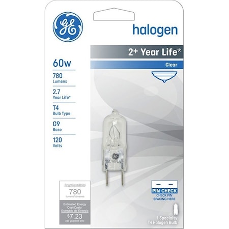 Ge Edison Series Halogen Bulb, 60 W, G9 Lamp Base, T4 Lamp, White Light, 780 Lumens, 2800 K Color Temp 16756