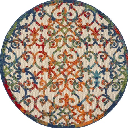Homeroots 5' Ivory Blue Orange And Green Round Trellis Indoor Outdoor Area Rug 546798