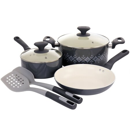 Spice By Tia Mowry Savory Saffron 7 Piece Nonstick Aluminum Cookware Set with Utensils in Grey 96318.07RR