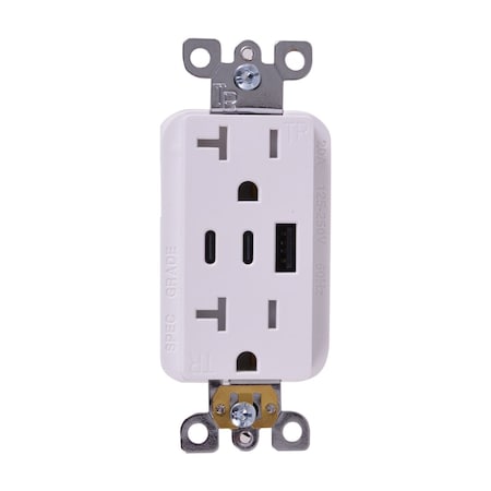 Energetic Lighting White 20 amp Tamper Resistant Duplex Outlet with USB-A, USB-C Charger EUR-52TACC20