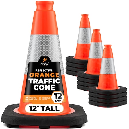 Xpose Safety Traffic Safety Cone, 12 in, PVC, 6 in Reflective Collar, Orange, 12 pk OTC12-4-12-X-S