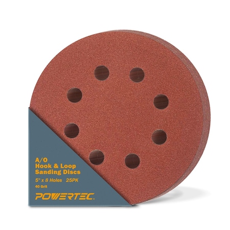 Powertec 5 in. 8 Hole Hook and Loop Sanding Discs, 40 Grit, 25PK 45004N