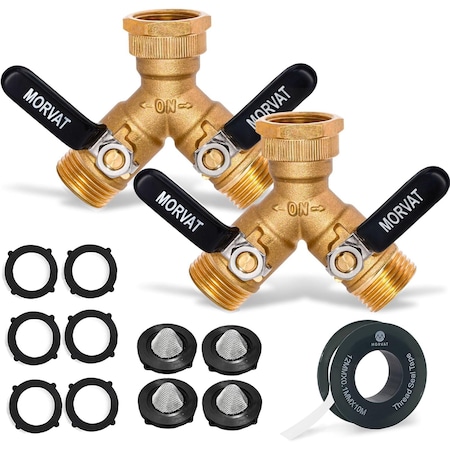 Morvat Heavy-Duty Brass 2-Way Garden Hose Splitter with Extended Metal and Rubber Handles, 2PK MOR-BCONNECTOR-2-BF-2PACK-A