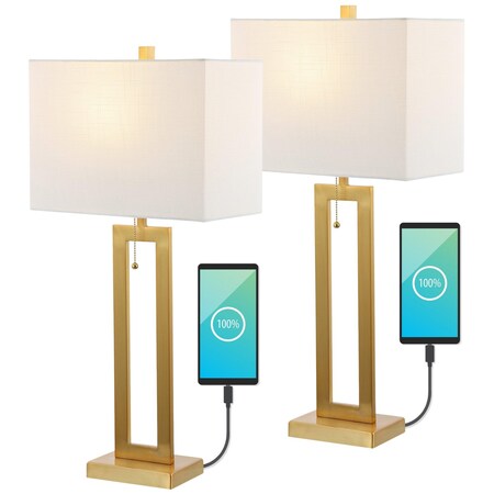 Jonathan Y Sabrina 28.5" Vintage Industrial Iron LED Table Lamp w/ Pull-Chain and USB Charging Port, Brass, 2PK JYL1126A-SET2
