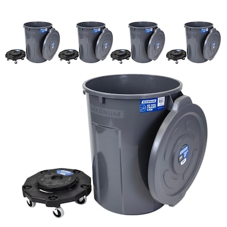 Magnum Tool Gray 44 Gallon Trash Can Set, Trash Can, Quiet Dolly, and Reinforced Lid, 5 Set CMTC-CLD0-44G05