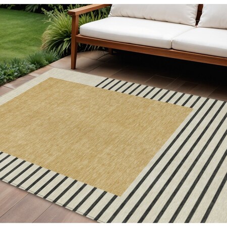 Homeroots 9' X 12' Gold Black And Beige Striped Washable Indoor Outdoor Area Rug 597221