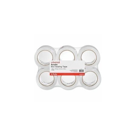 Universal Deluxe Acrylic Box Sealing Tape, 3" Core, 1.88" x 110 yds, Clear, 6PK UNV63120