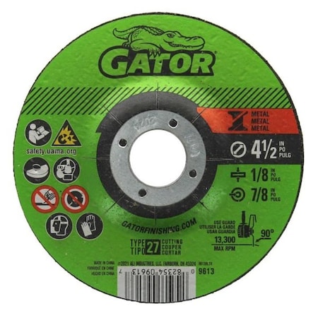 Gator Grinding Wheel, 4-1/2 in Dia, 1/8 in Thick, 7/8 in Arbor, A24R Grit 9613