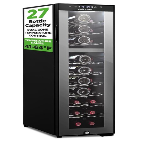 Nutrichef Dual-Zone Wine Cooler, 27-Bottle Refrigerator, Digital Touch Button Control with Air Tight Seal PKCWCDS275