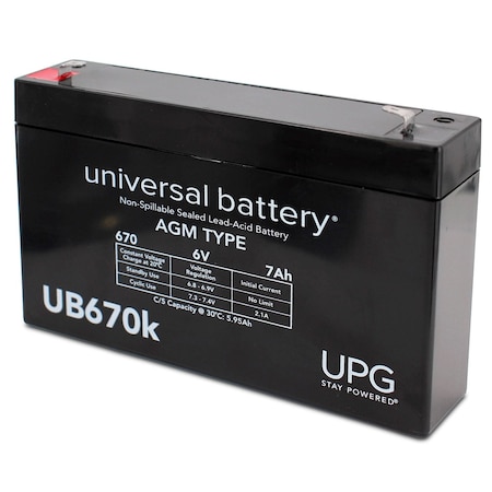 Upg Sealed Lead Acid Battery, 6 V, 7Ah, UB670, F1 Faston Tab Terminal, AGM Type D5734