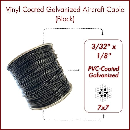 Laureola Industries 3/32 in.-1/8 in. Vinyl Coated Black Opaque Galvanized Cable 7x7 Strand Wire Rope, 250 ft ZAG332018-77-GPB-250
