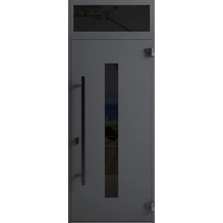 Vdomdoors Front Exterior Prehung Steel Door Ronex0130 Grey Transom Window Sidelite Entry Metal Modern Painted RONEX0130EXD-GRE-W36 X H80+16-LH-I
