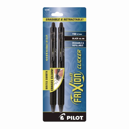 Pilot FriXion Ball Clicker Erasable Gel Pen, Retractable, Fine 0.7 mm, Black Ink, Black Barrel, 2PK 31460