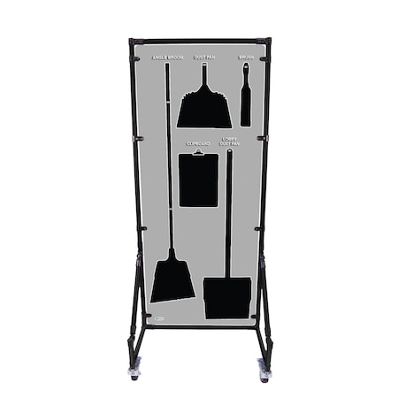 5S Supplies Housekeeping Shadow Board Broom Station V12, Gray / Black, Kit + Stand, No Text HSB-V12-GRAY/BLACK-KIT-STAND-NO TEXT