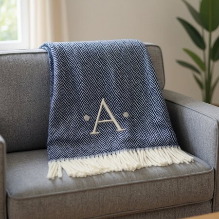 Homeroots 55" X 70" Navy Blue White Herringbone Cotton Blend A Initial Throw Blanket with Tassels Embroidery 680220