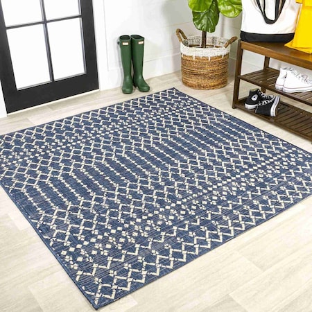 Jonathan Y Ourika Moroccan Geometric Textured Weave Navy/Beige 6 ft Square Indoor/Outdoor Area Rug SMB108K-6SQ