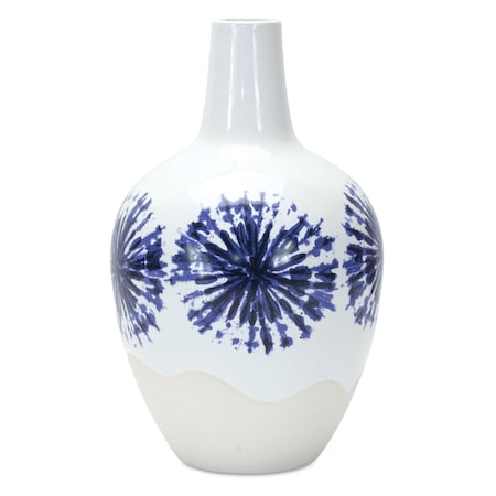 Homeroots 11" White And Blue Geometric Medallion Ceramic Urn Vase 632636