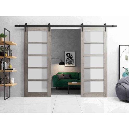 Sartodoors Sturdy Double Barn Door with Frosted Glass Grey 72x84 (2* 36x84) Solid Core Modern Interior QUADRO4002DB-NEB-7284