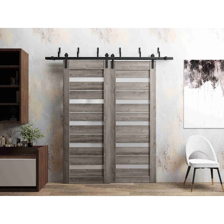 Sartodoors Sliding Closet Barn Bypass Doors 36 x 80in, Nebraska Grey W/ Frosted Glass, Sturdy 6.6ft Rails QUADRO4445BBB-NEB-36