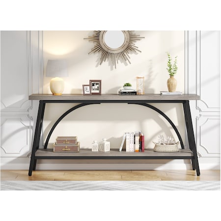 Kioottoo 70.8'' Extra Long  2-Tier Grey Wood Console Table with Black Frame TB-C0833