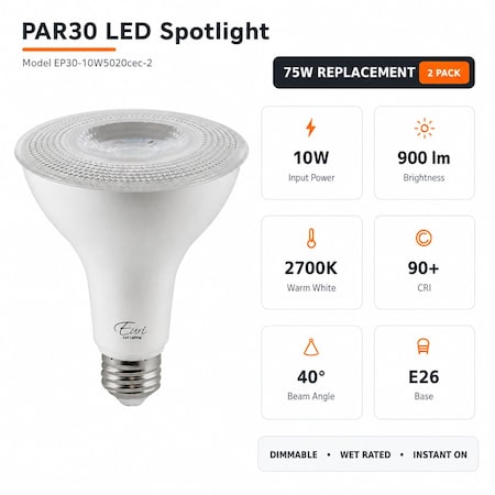 Euri Lighting PAR30 LED Bulbs, 10W, 900 lm, 75W Eq., 2700K, E26, Dimmable, CEC/JA8/UL, 2PK EP30-10W5020cec-2