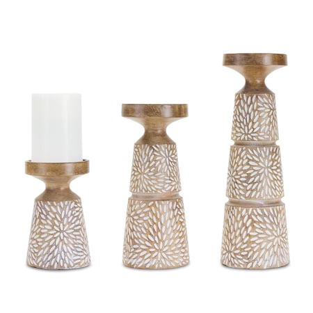 Homeroots Set of Three Brown And White Distressed Floral Resin Tabletop Pillar Candle Holders, 3PK 634834