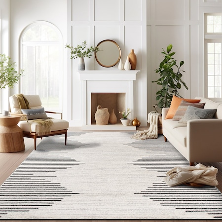 World Rug Gallery Bohemian Stripe Stain Resistant Area Rug 12 ft x 15 ft Cream 385CREAM12X15