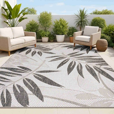 Jonathan Y Havana Tropical Palm Leaf Gray/Black 3 ft. x 5 ft. Indoor/Outdoor Area Rug SMB208B-3