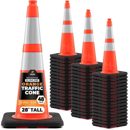 Xpose Safety Slim Line Traffic Safety Cone, 28 in, 6 in & 4 in Reflective Collar, DOT Approved, Orange, 48 pk OTC28SL-64-48-X