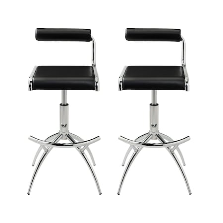 Homeroots Set of Two Black and Silver Faux Leather and Metal Low Back Adjustable Height Bar Chairs, 2PK 555023