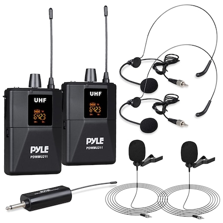 Pyle Pyle Dual UHF Microphone System - Wireless Cordless Set, 2 Handheld & Lavalier Mics, Receiver PDWMU211
