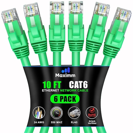 Maximm Cat6 Ethernet Cable 10ft 10Gbps 550MHz UTP, 6PK, Green, 6PK CAT6CCA-10GN-6PK
