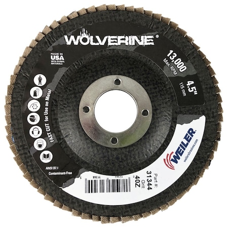 Weiler Coated Abrasive Flap Disc, 4 1/2 in dia. 31344