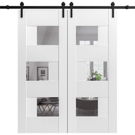 Vdomdoors Modern Double Barn Door Sete 6999 White Silk with Mirror 13FT Rail Track Set Solid Panel Interior SETE6999DB-WS-72