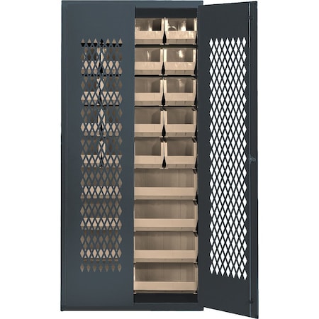 Quantum Storage Systems BEIGE SPECIALTY CABINET W/28 CLEAR BINS MESH-BG-240250CL