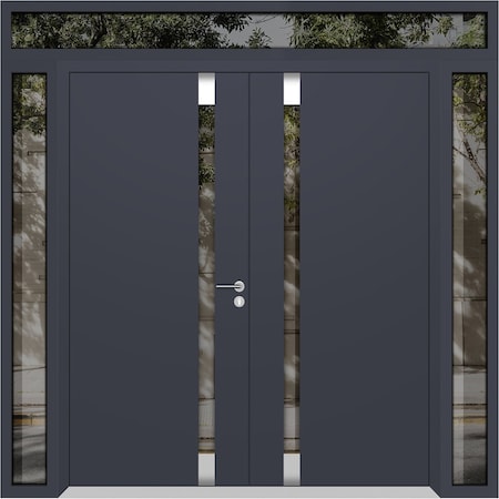 Vdomdoors Aluminum Double Doors Cynex 6777 Grey 2 Sidelights and Top Transom Mirrored Clear Glass Modern Pain CYNEX6777DEXD-GRE-W12+72+12xH96+12-RH-O