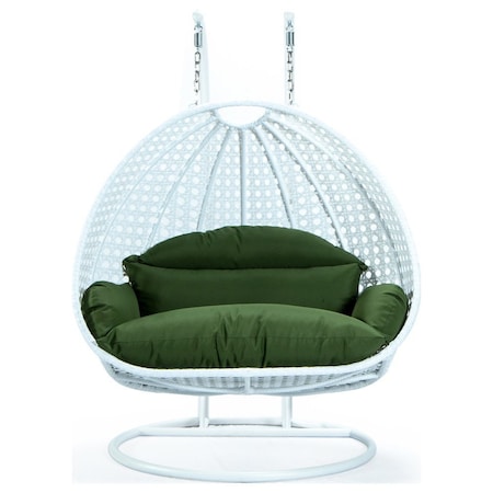 Leisuremod White Wicker Hanging 2 person Egg Swing Chair with Dark Green Cushions ESCW-57DG
