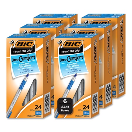 Bic Round Stic Grip Xtra Comfort Ballpoint Pen, Stick, Medium 1 mm, Blue Ink, Gray/Blue Barrel, 144PK GSMG144E-BLU