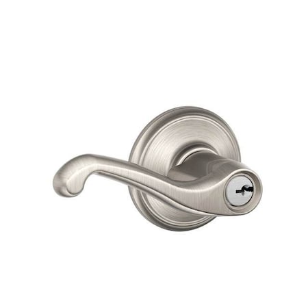 Schlage Residential Left Hand Flair Lever Storeroom Lock C Keyway with 16211 Latch and 10063 Strike Satin Nickel Finish F80FLA619LH