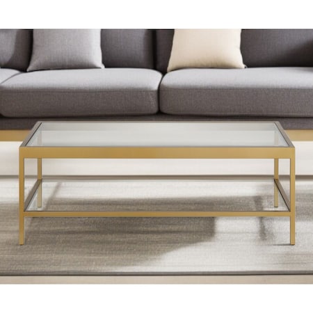 Homeroots 45" Clear Glass And Gold Steel Coffee Table With Shelf 520941