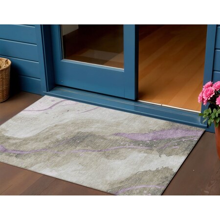 Homeroots 3' X 5' Taupe And Lavender Abstract Washable Indoor Outdoor Area Rug 611393