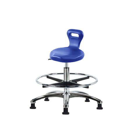 Blue Ridge Ergonomics Poly Serpent Stool Chrome-Medium Bench Height with Chrome Foot Ring & Stationary Glides in Blue Poly PSPMBSL-CR-CF-RG-BLU